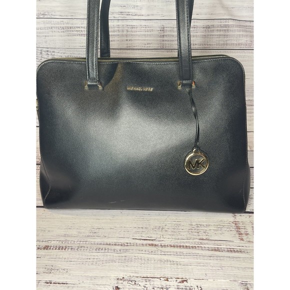 Michael Kors Houston Double Zip Crossgrain Leather Satchel NWOT Black Gold Color - Picture 3 of 16